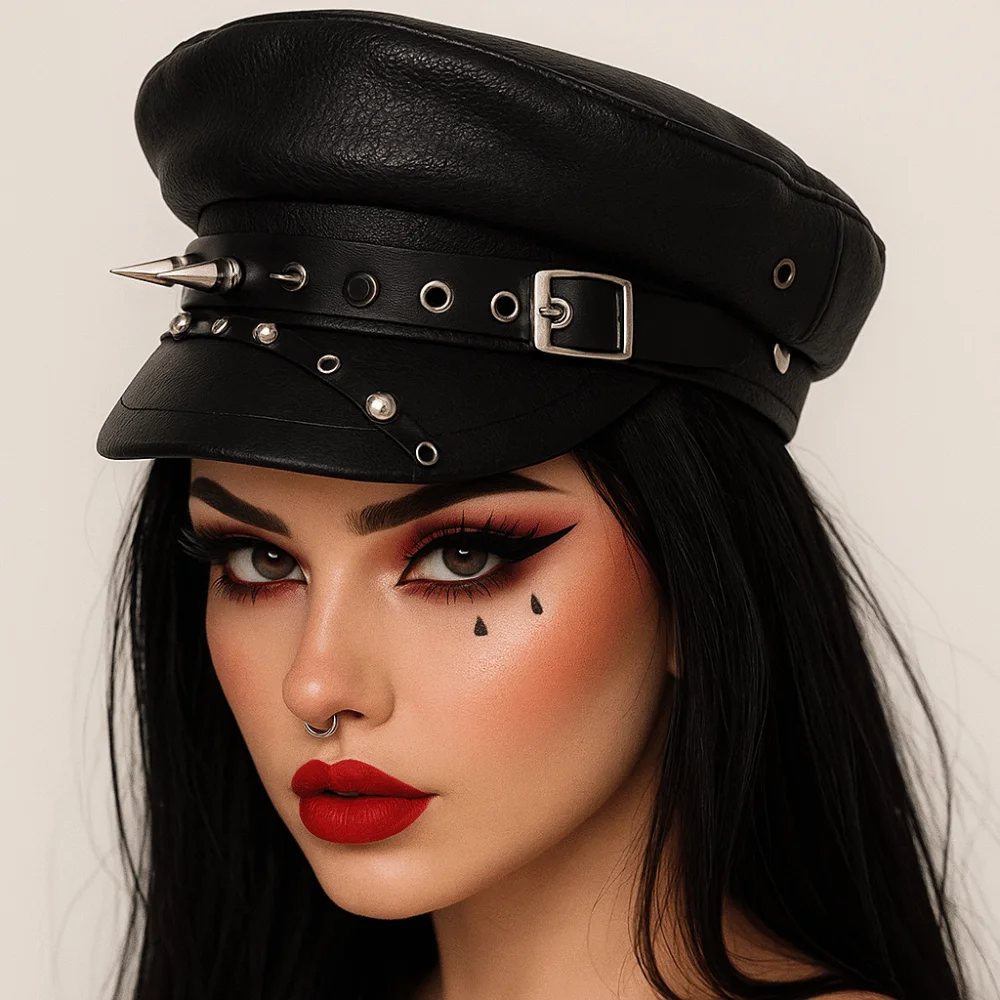 

Vintage Hip-hop Rivet Leopard Hat Harajuku Punk Y2k Beret Hat Personalized Black Flat Top Cap for Women