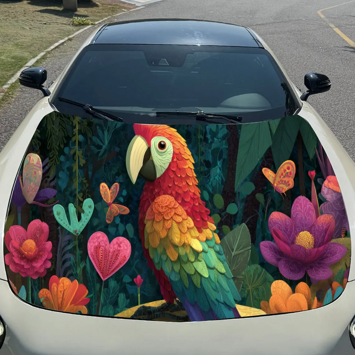 活気のあるオウムと花柄の車のボンネットステッカー - 自己粘着性、防水性、耐久性のあるビニールラップ、車を飾り、保護します。