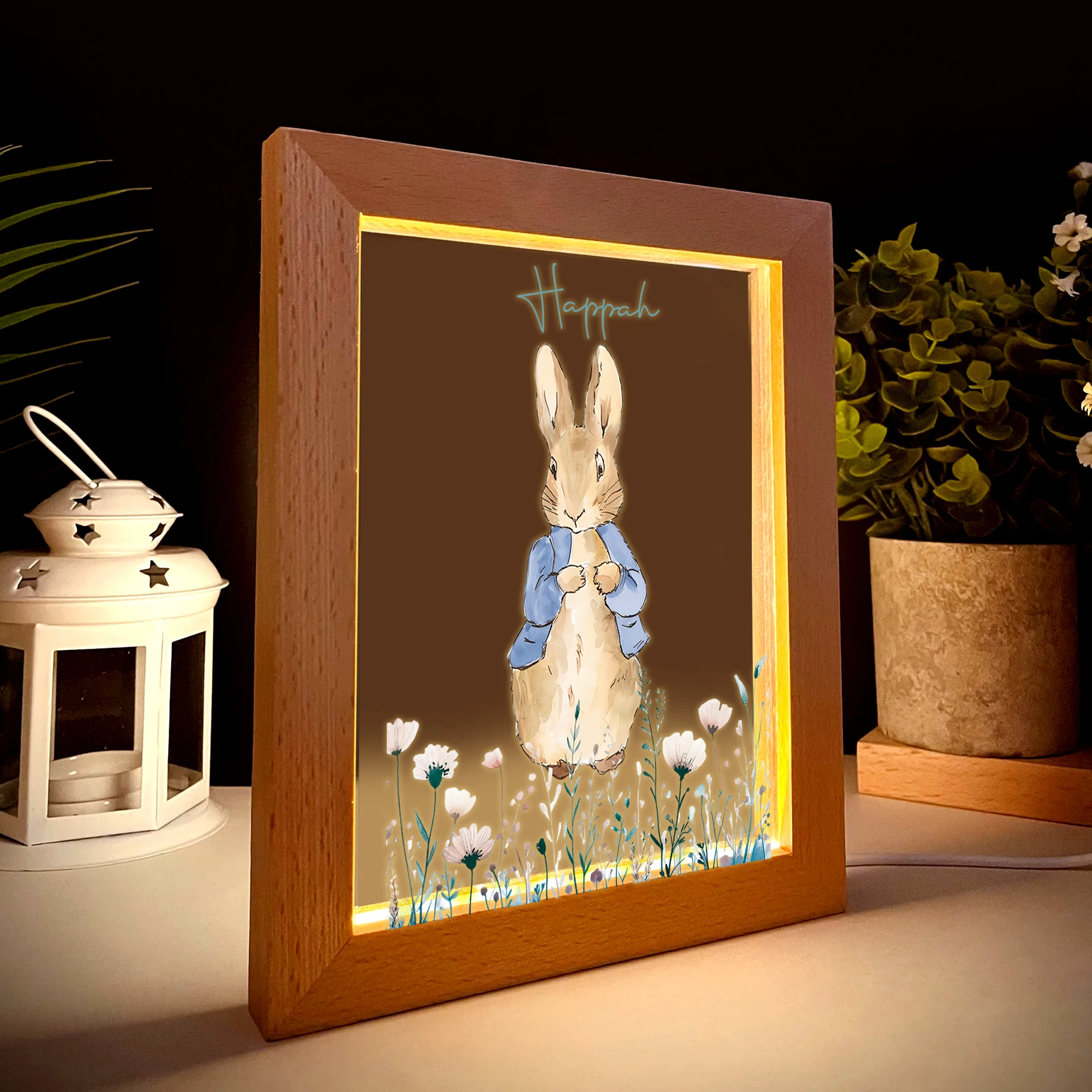 2d plana nome personalizado dos desenhos animados peter coelho led acrílico luz da noite moldura de madeira 21x17cm crianças quarto presentes decoração casa