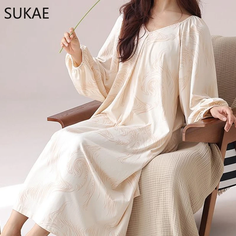 SUKAE Gorgeous Long Sleepshirt Elegant Women Nightgowns Spring Vintage Court Style Lady Chic Dress Autumn Faux Cotton Nightdress