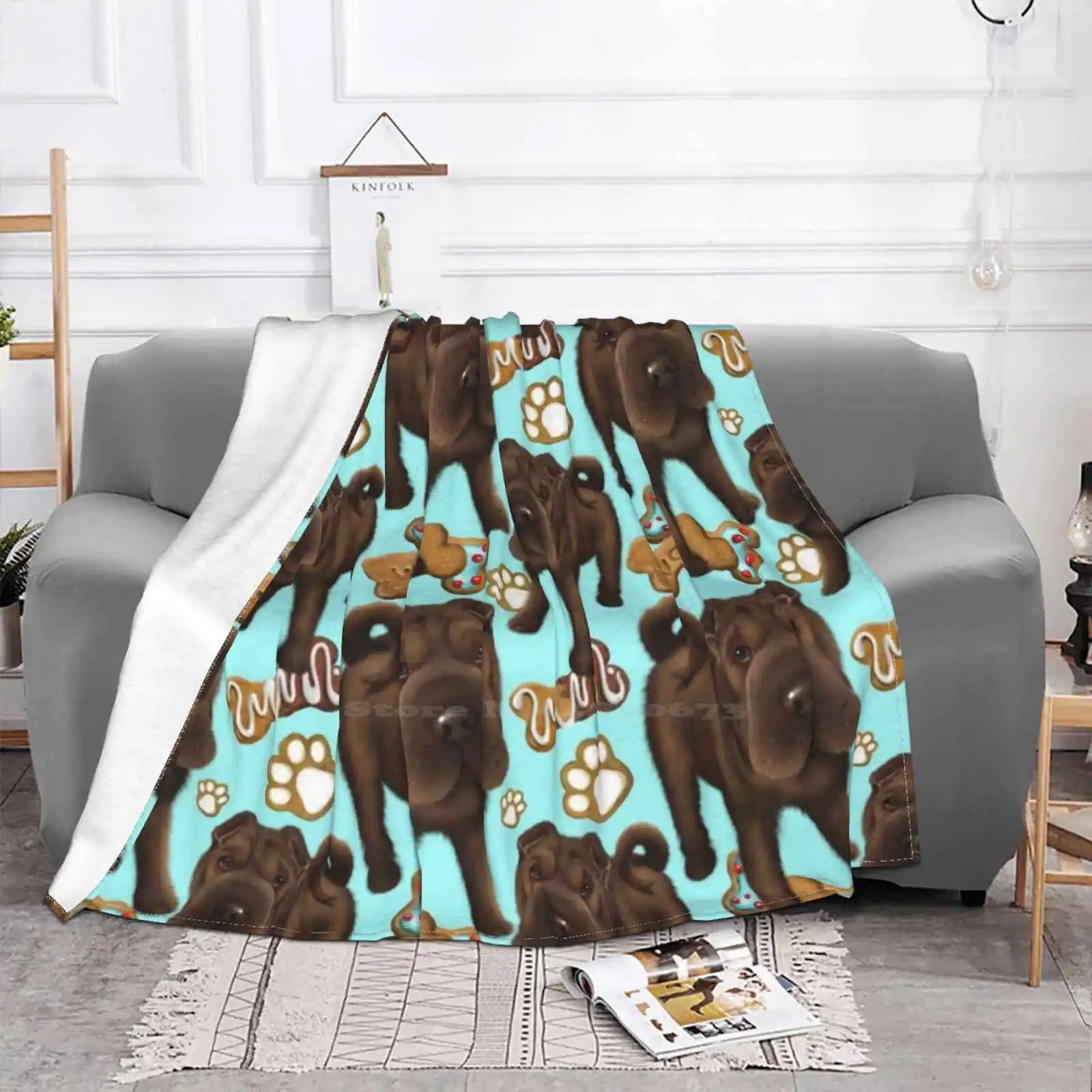 Shar Pei Blue Biscuits Trend Style Funny Fashion Soft Throw Blanket Dog Shar Pei Bone Biscuits Treats Paw Pet