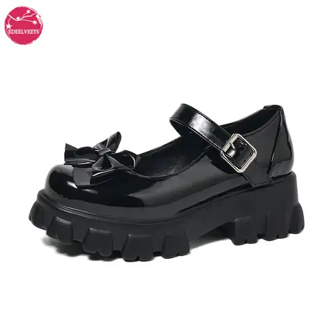 Plus Size 35-47 Women Kawaii Mid Block Heel Mary Jane Rockabilly Pumps with Bow Thick-Soled Platform Dark Black Cute Sweet Shoes