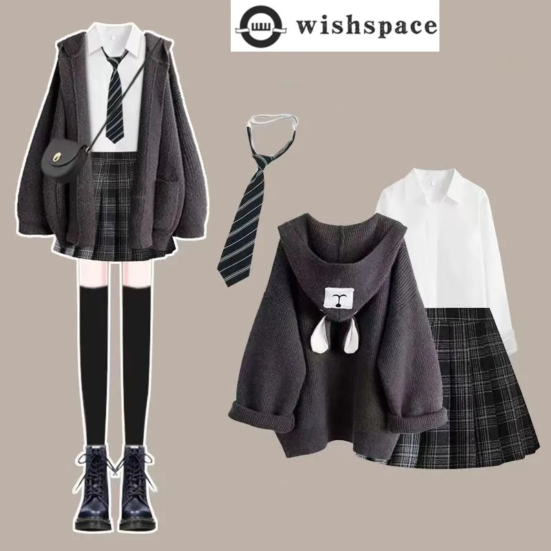 

Autumn and Winter Red Coat Sweater Casual Shirt+high Waist Slimming Plaid Pleated Skirt Three Piece Set