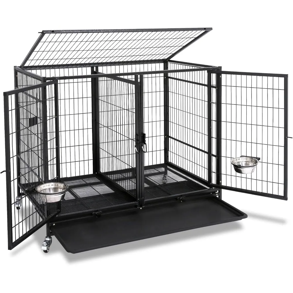 

Stackable 43 inch Dog Crate Cage Kennel Indoor with Divider, 2X Steel Bowls, 4X Lockable Wheels, Tray, Heavy Duty Wire Dog Crat