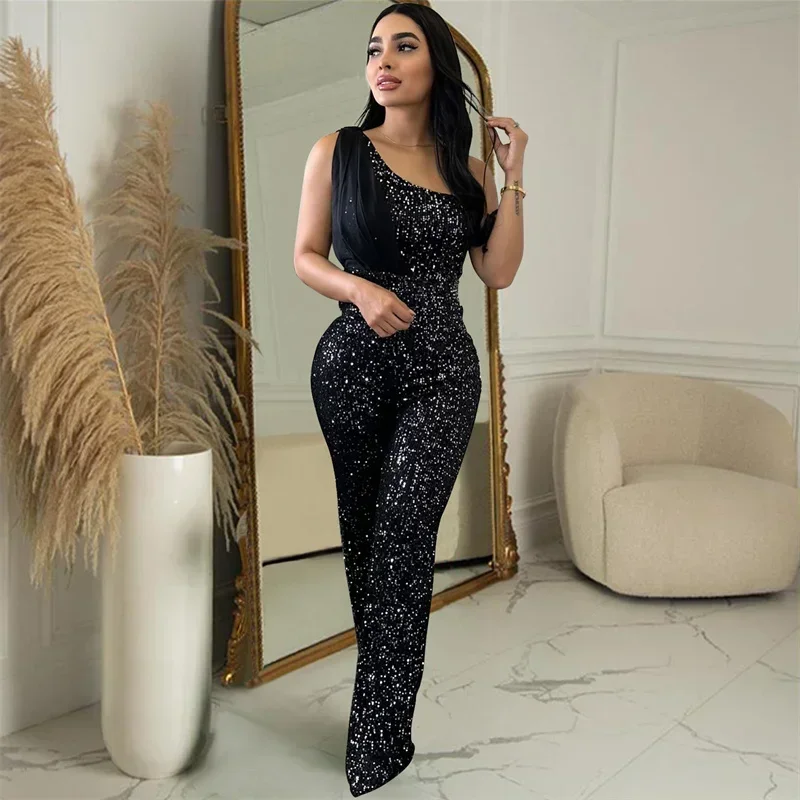 Elegant One Shoulder Sequin Jumpsuit for Women Party Glitter Sleeveless Ribbon Nightclub Romper One Pieces Overalls Birthday