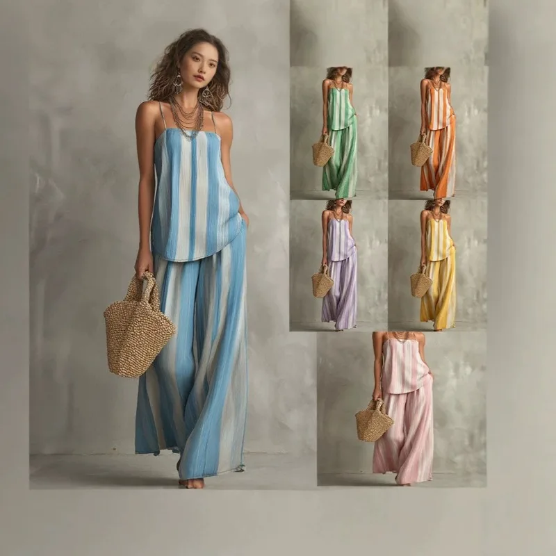 Women Summer Striped Textured Spaghetti Strap Wide Leg Pants 2 Piece Vacation Set EU US Style