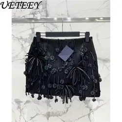 2024 Summer New Niche Design Black Skirts Women Heavy Industry Beads Bow High Waist Slimming All-Matching A- Line Mini Skirt