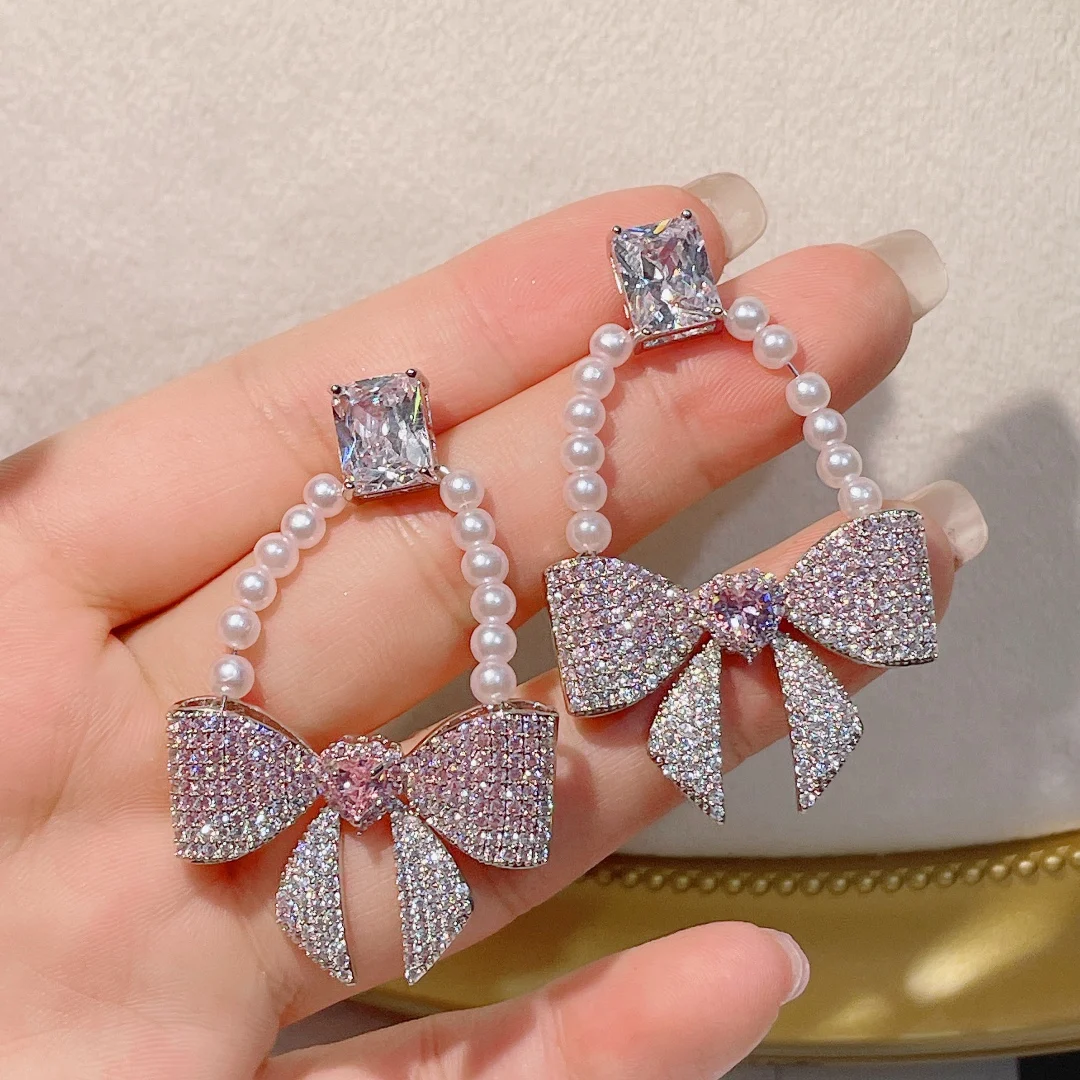 

HIBRIDE Light Luxury Elegant New Multicolor Love Bow Shape Pearl Pendant Earrings Women's Jewelry Set Wedding Prom Gift E187