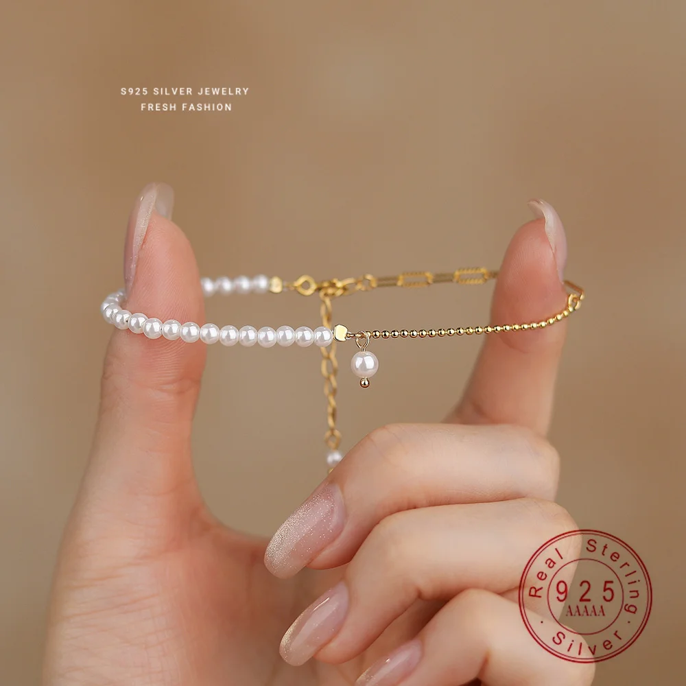 Französisches Luxus-Muschelperlenarmband aus 925er Sterlingsilber für Damen, modisches Design mit 18-Karat-Beschichtung