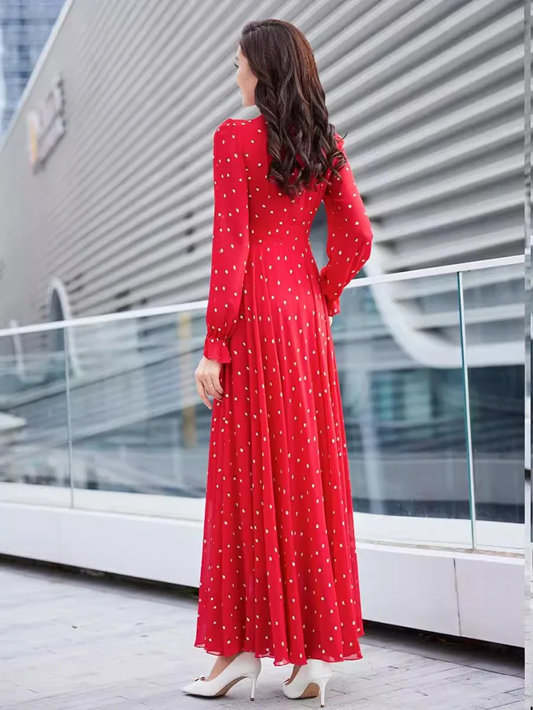 New Women Spring Autumn Red Chiffon Dress Fashion Ribbon Collar Strawberry Print Long Dress Elegant Slim Bohemia Beach Dress