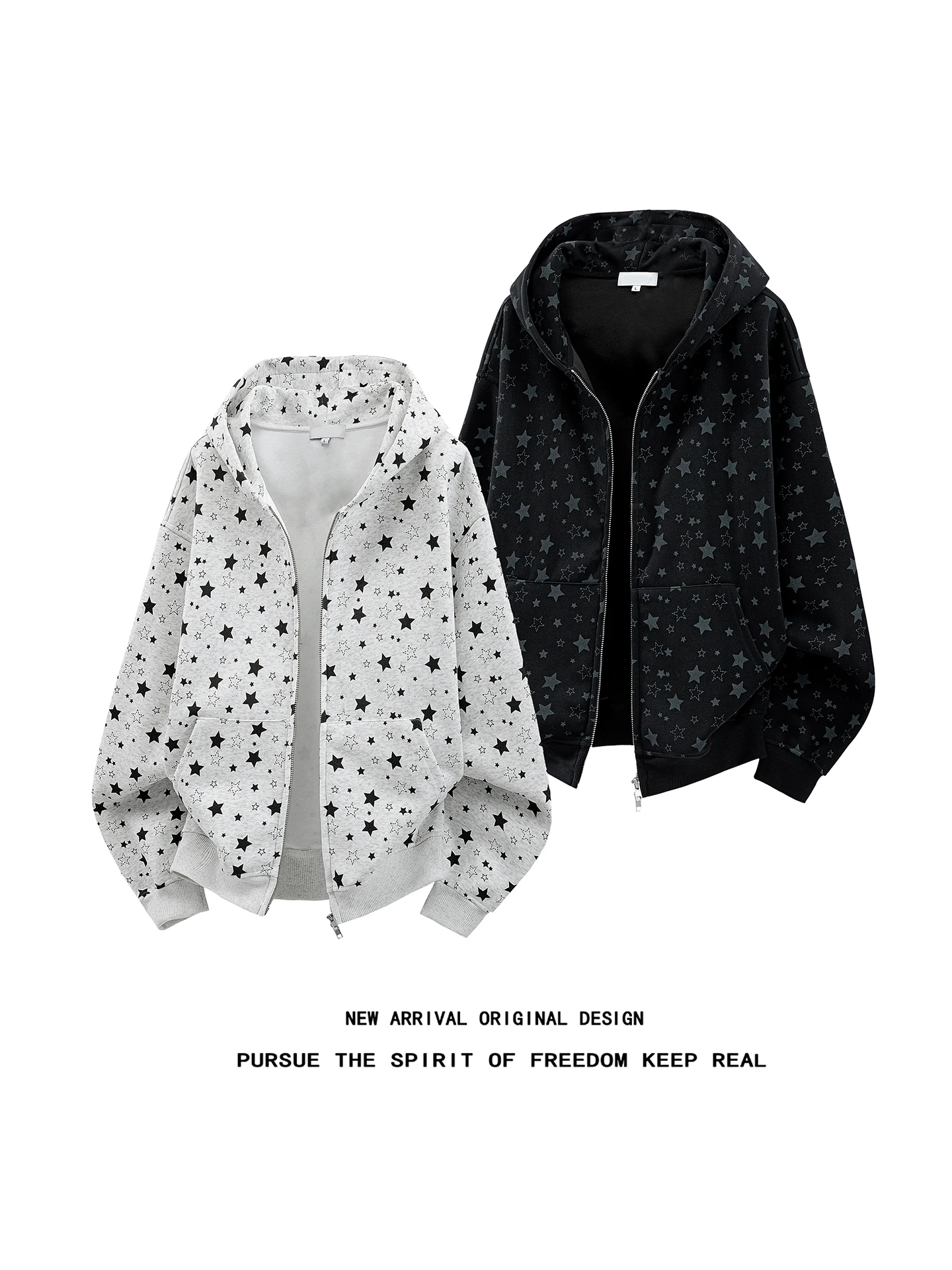 Men's Zipper Hoodie Jacket Loose Fit Star Print Casual Style Millennium Wind Spring Autumn Cleanfit Retro Versatile Commute Top