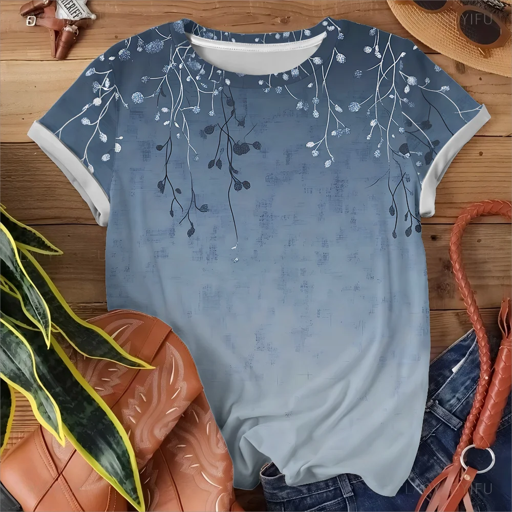 青と白の花柄レディース Tシャツカジュアルファッショナブルで快適な夏ラウンドネック半袖 Y2K ストリートウェア