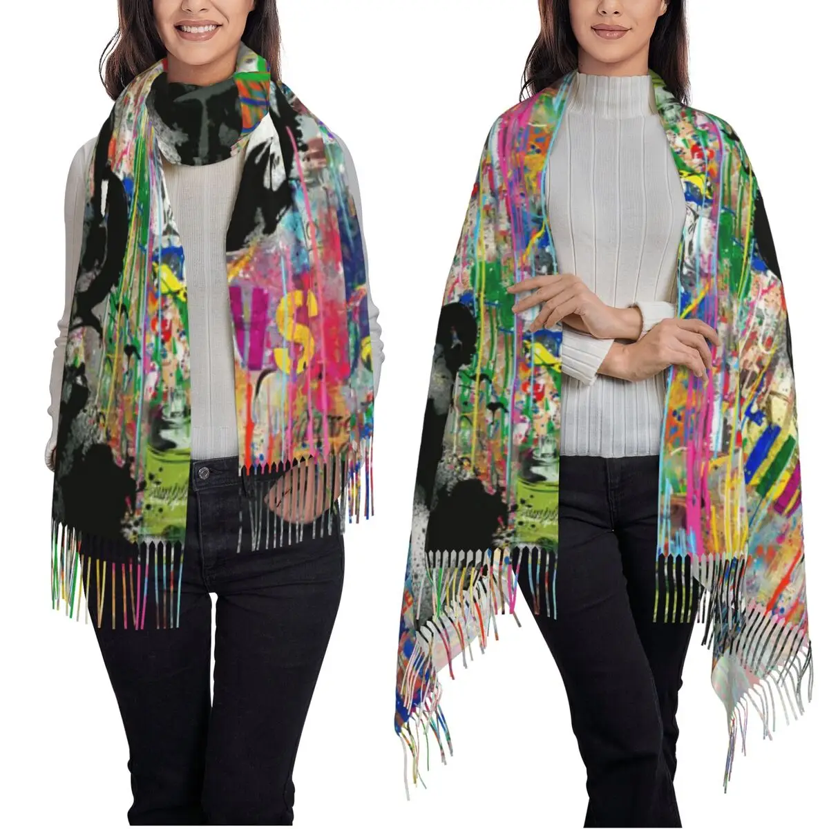 Szal Banksy Smile Street Art Graffiti z frędzlami dla kobiet, miękki, ciepły szal i narzutka, duży szal na jesień i zimę.