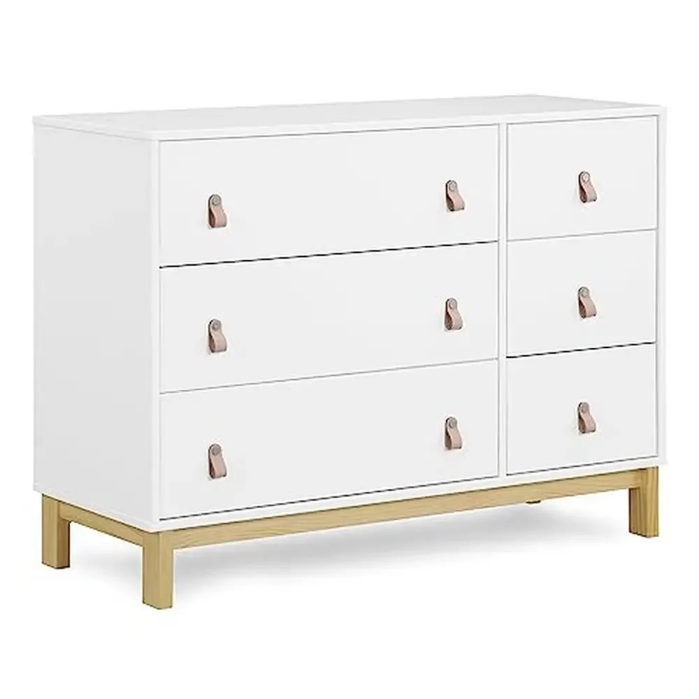 6 Drawer Dresser with Leather Pulls Interlocking Drawers GreenGuard Gold Certified Bianca White/Natural Child Safe Eco-friendly