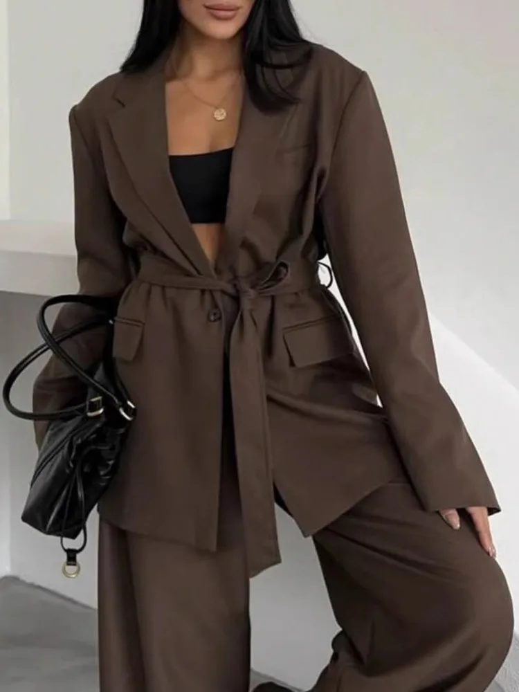 ZMEENNA ผู้หญิงสีน้ําตาลขนาดใหญ่เสื้อแจ็คเก็ต Blazer Tie เข็มขัดแขนยาว Notched Lapel Casual หลวม Fit Outerwear แฟชั่น ZM3251