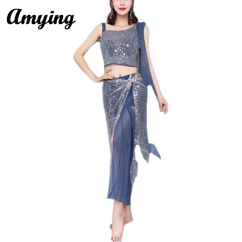 Women Belly Dance Costume Set Sexy Top+Split Skirt Lady Off Shoulder Performance Outfit Oriental Dance Practice Training Suit