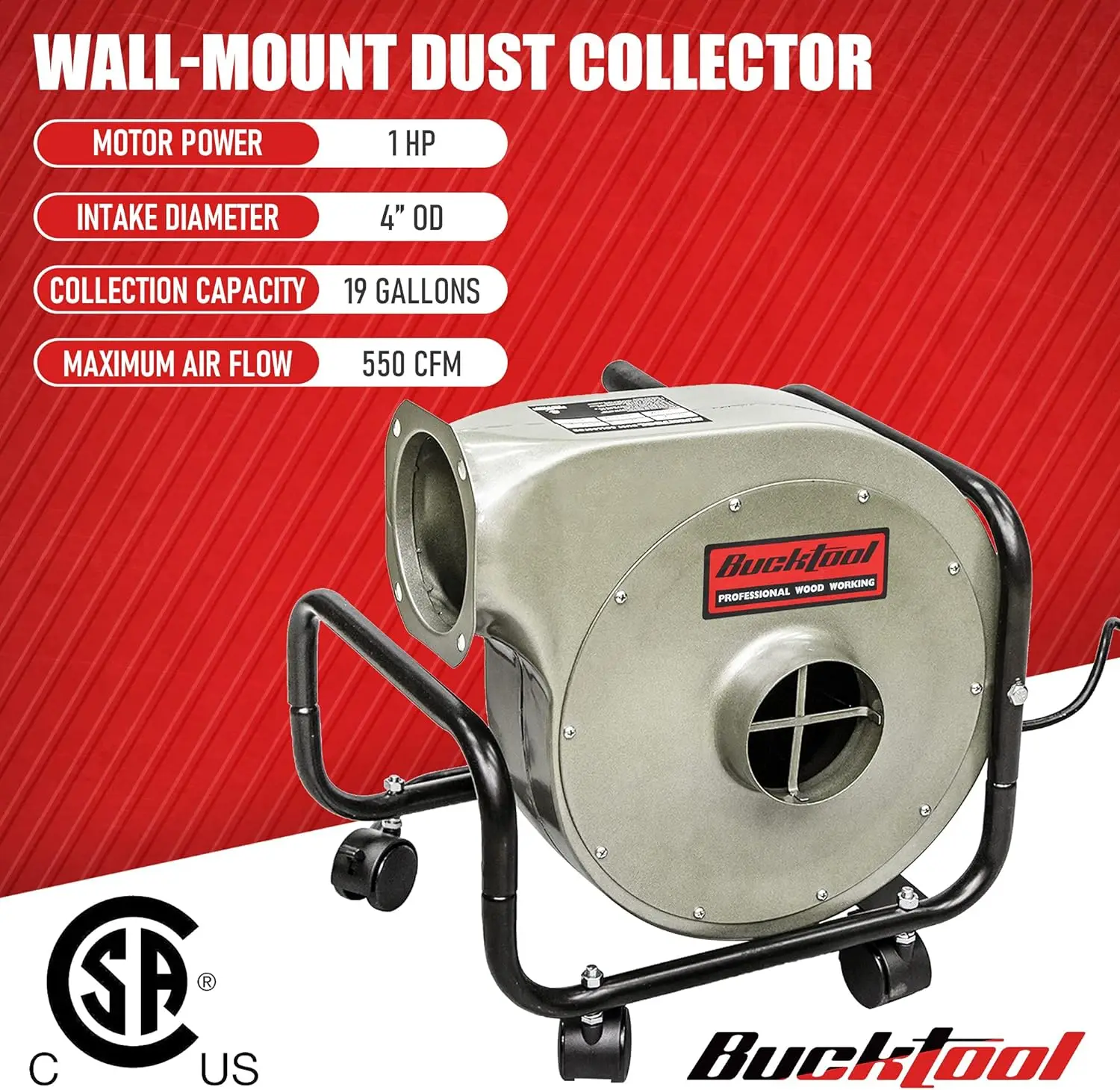 BUCKTOOL 1HP 6.5AMP Wall-mount Dust Collector with Remote Control and 2-micron Dust Filter Bag 550CFM Air Flow DC30A-1