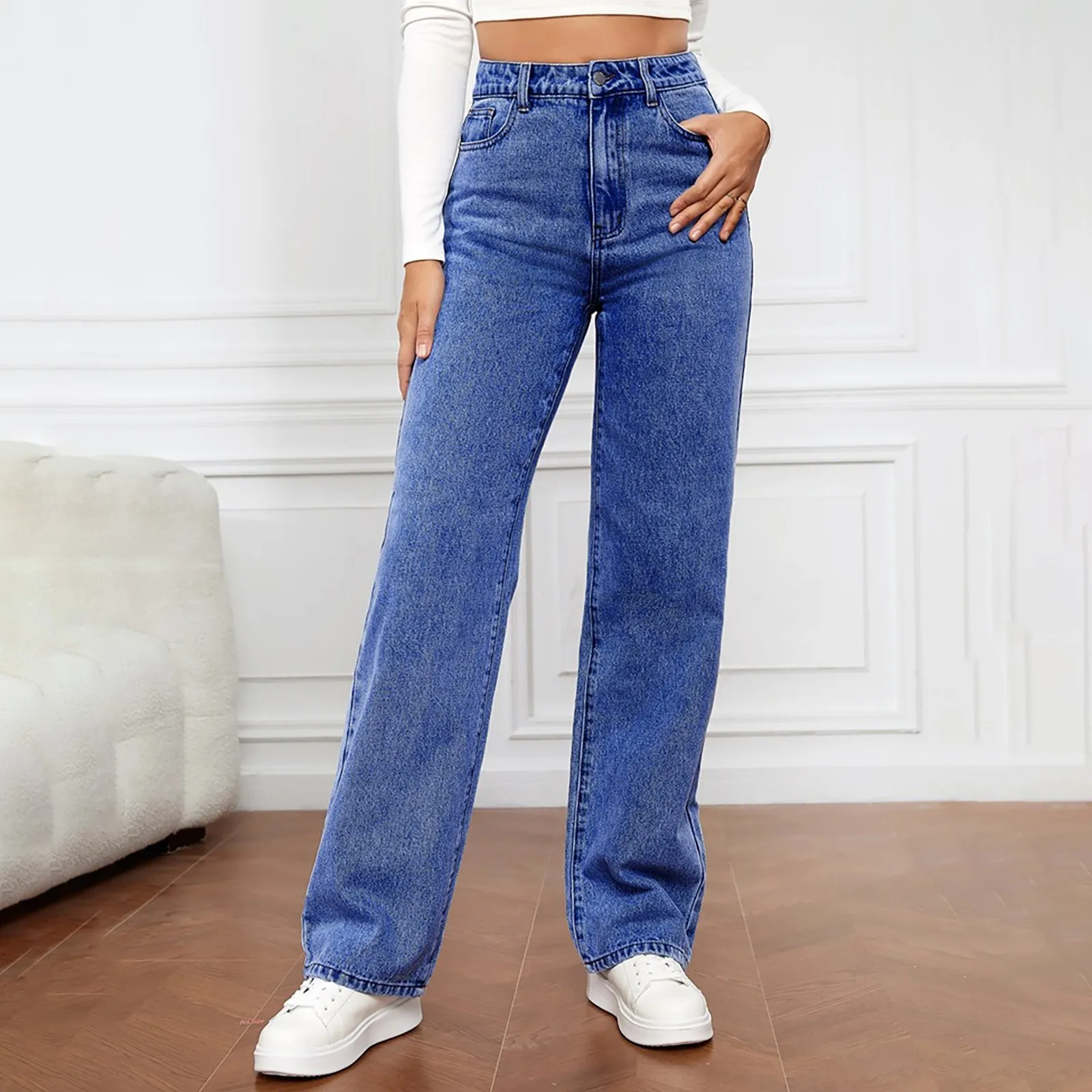 

Women Jeans Straight Pants Denim Washing High Waist Loose Fit Pockets Basics Ankle Length Pants Solid Color Slight Strech Jeans