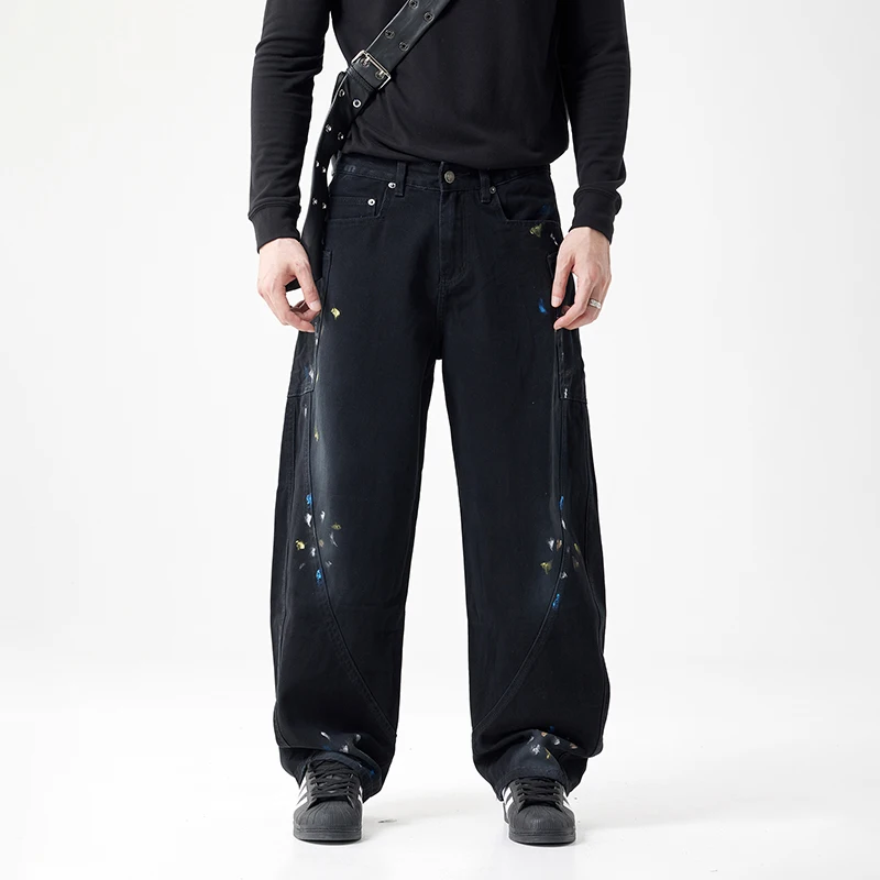 Hand Drawn Dyed Men's Jeans American Street Parkour Sweat2024 New Washed Casual Loose Straight Leg Men's Pants