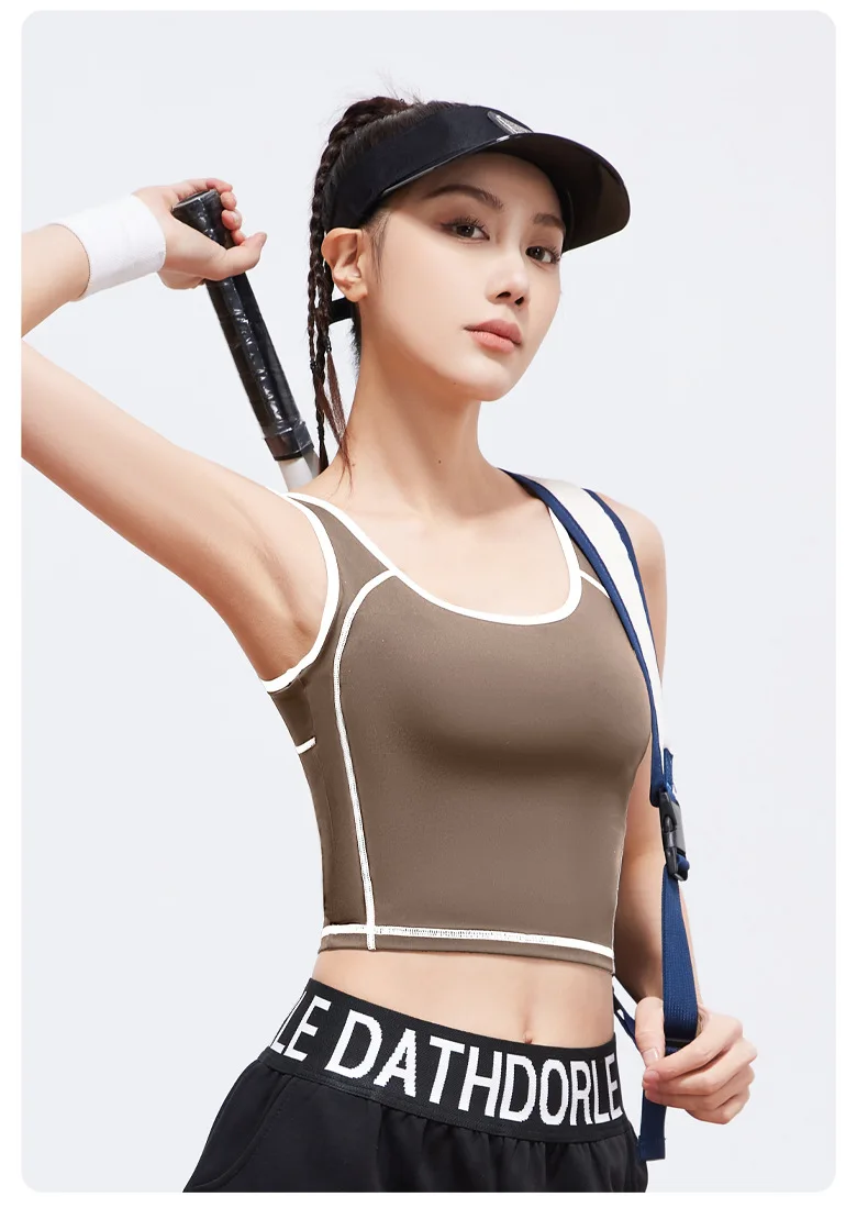 Women Peach Curve U Neck Tank Top High Stretch One-Piece Fixed Shockproof Push Up Color Block Workout Athletic Vest
