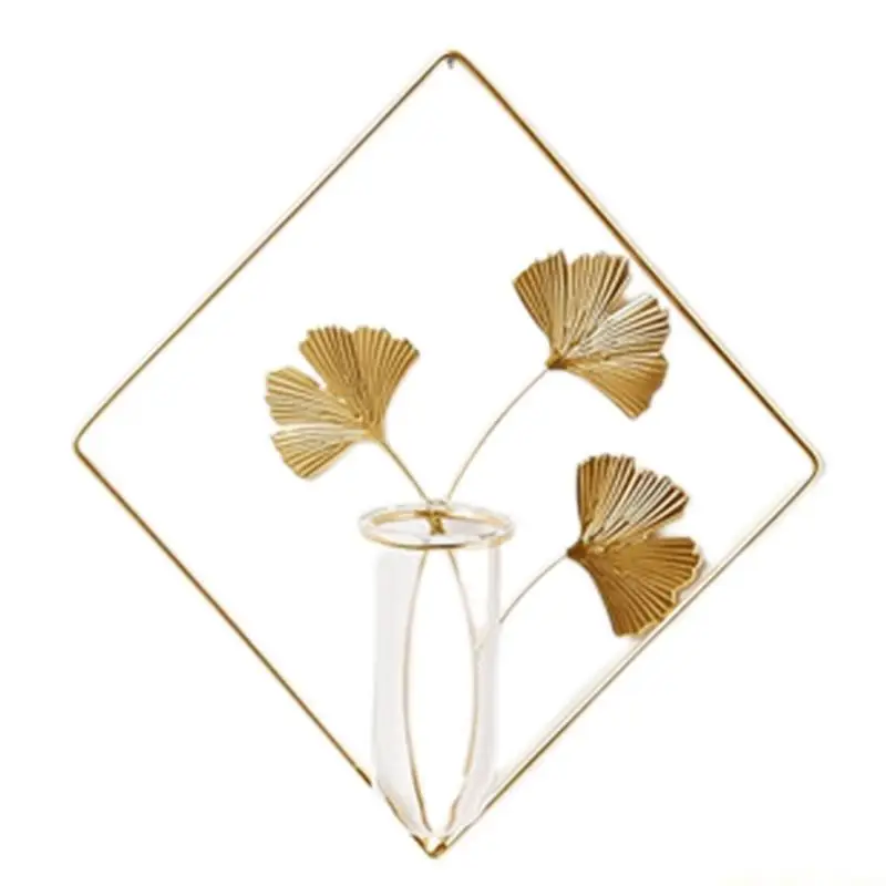 QX2E for Creative Wall Hanging Plants Vase with Metal Ginkgo Frame Stand Geometric Glass Test Tube Hydroponic Planters