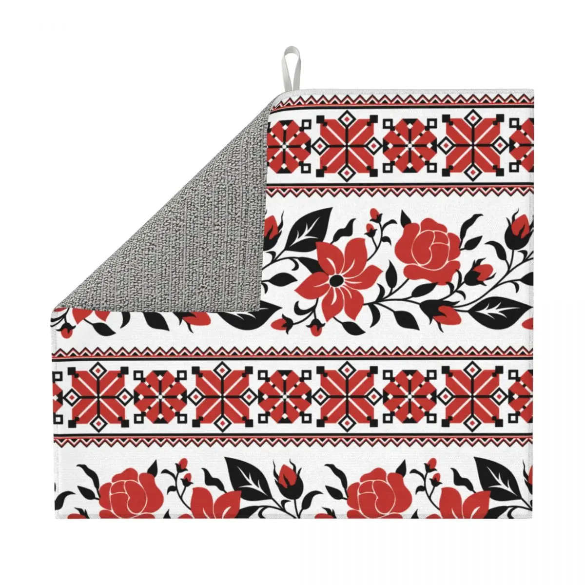 Custom Print With Red Rose And Mallow Ukrainian Traditional Embroidery Dish Drying Mats for Kitchen Dry Vyshyvanka Microfiber