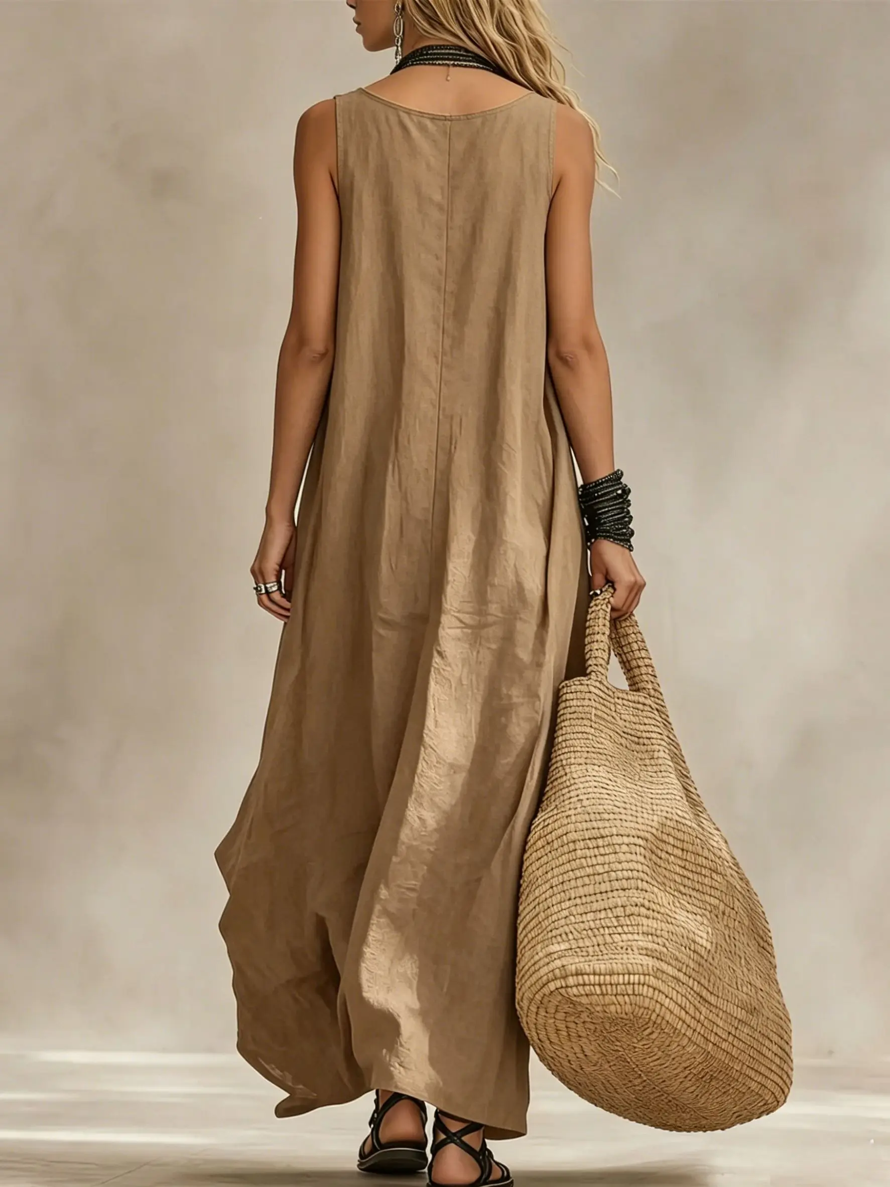 Damen Fließendes Ärmelloses Langes Kleid Lässiger U-Ausschnitt Locker Sitzendes Maxikleid Vielseitiges Sommer-Urlaubs-Party-Pendler-Outfit – Detail 15