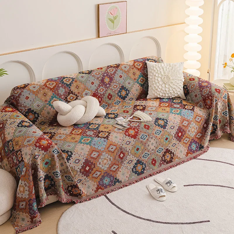 Ethnic Style Sofa Cover Blanket All Cover Geometric Floral Pattern Jacquard Sofa Cover Upholstered Sofa Seat Covers S074