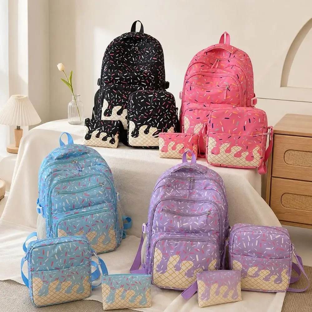 3PCS Stylish Ice Cream Print Backpack Set Waterproof Spacious School Backpack Durable Lightweight Printed Schoolbag Campus