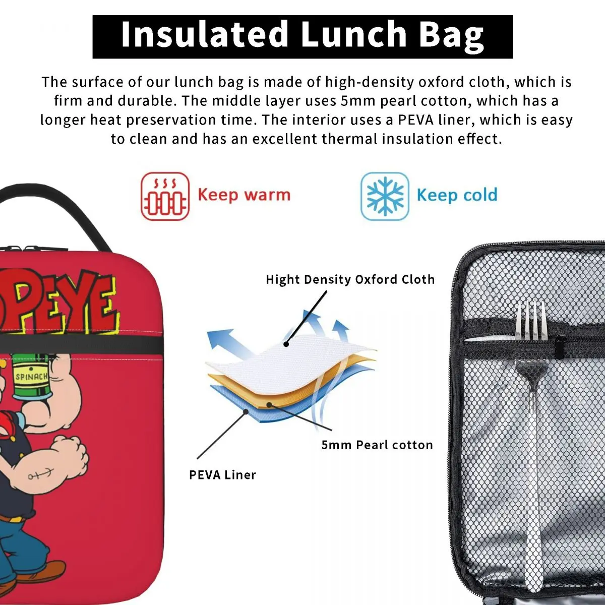 P-Popeyes Cartoon Insulated Lunch Bag Cooler Bag Lunch Container Portable Tote Lunch Box Food Storage Bags Office Picnic