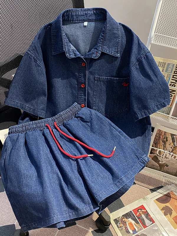 

plus Size Women's Sweet Cool Style Short Sleeve Denim Shirt And Shorts Two Piece Set Summer Loose Fashionable Casual Outfit
