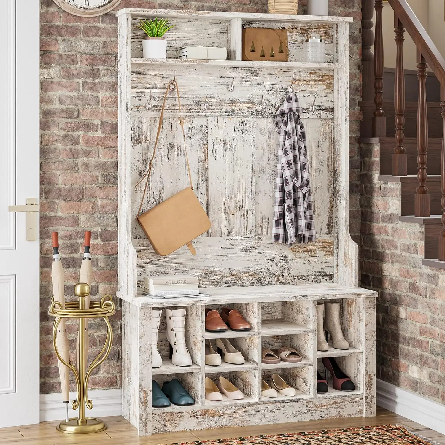 Hall Tree, Storage Bench, Shoe Rack for Entryway, Hall Tree with Bench and Adjustable Shoe Storage, Vintage White