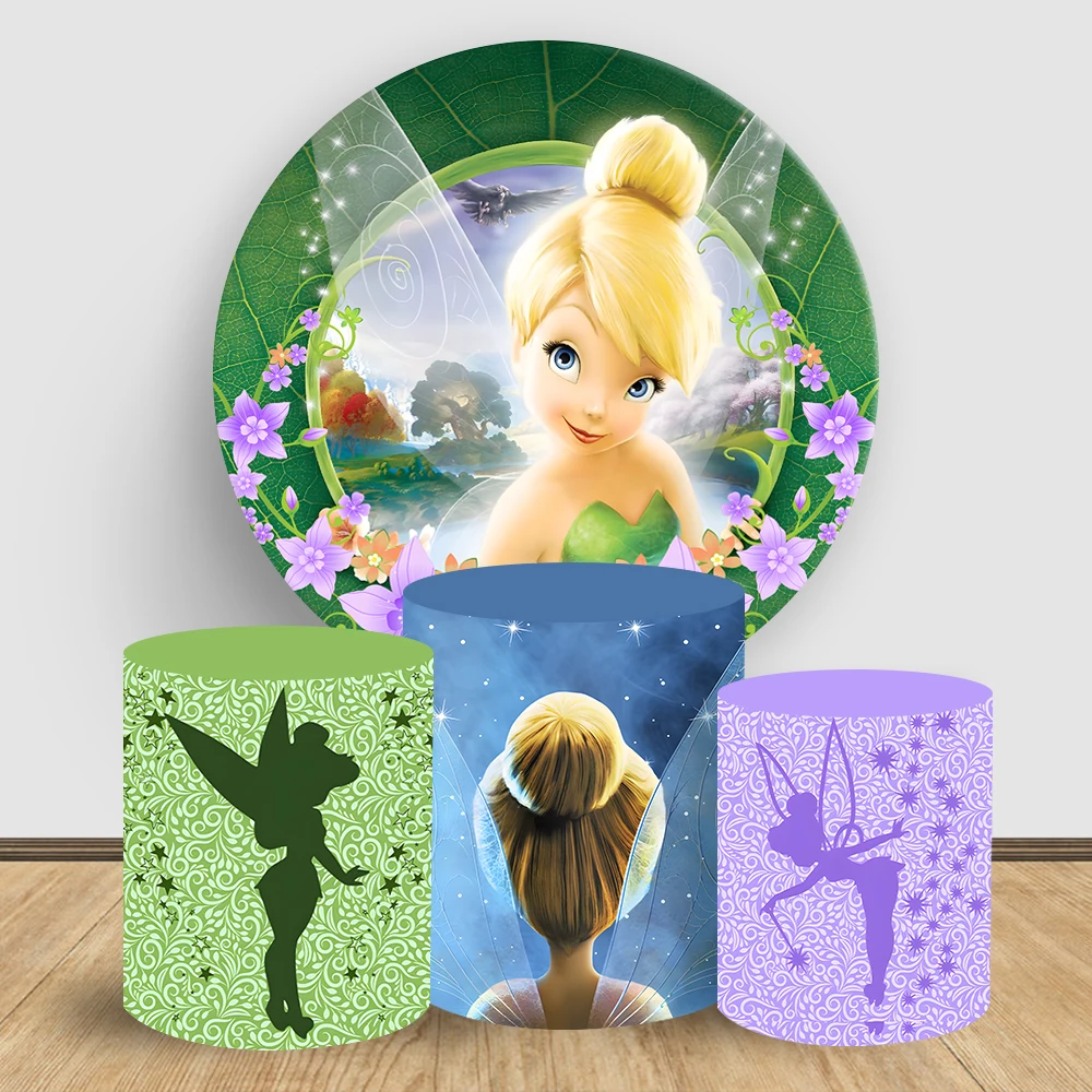 

Tinkerbell Theme Round Backdrop Fairy Princess Elastic Cylinder Cake Table Background Cover Baby Shower Birthday Party Decor