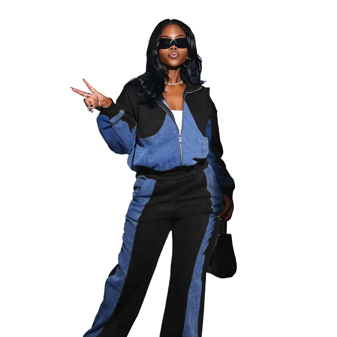 قطعتين مجموعة بانت مجموعات سستة الدنيم تقسم معاطف رفض طوق جيوب عارضة السراويل الطويلة مستقيم الشارع الشهير الخريف الشتاء