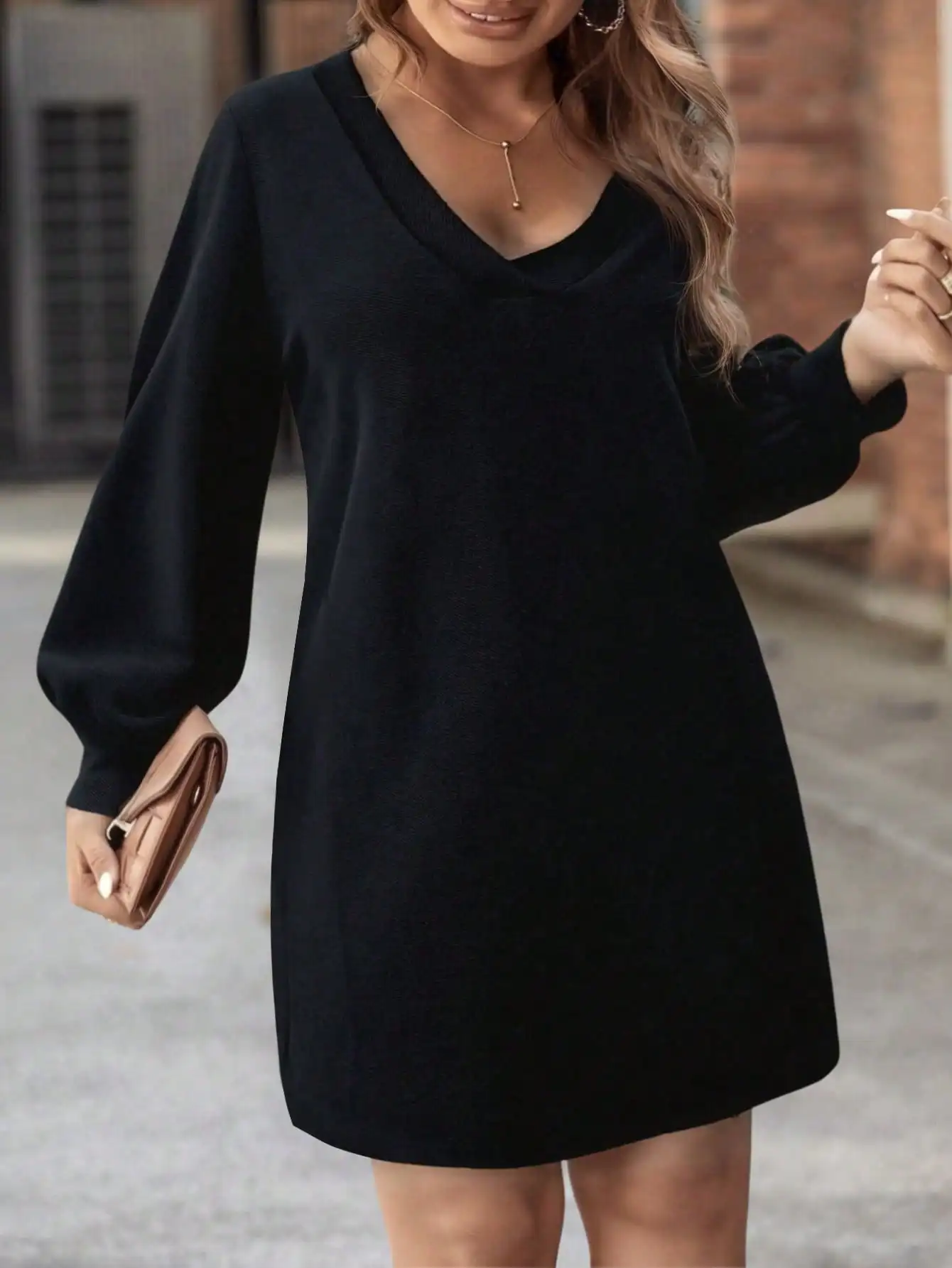 여성용 V넥 긴팔 플러스 사이즈 캐주얼 드레스 - 블랙 미니멀리스트 가을 겨울 스타일