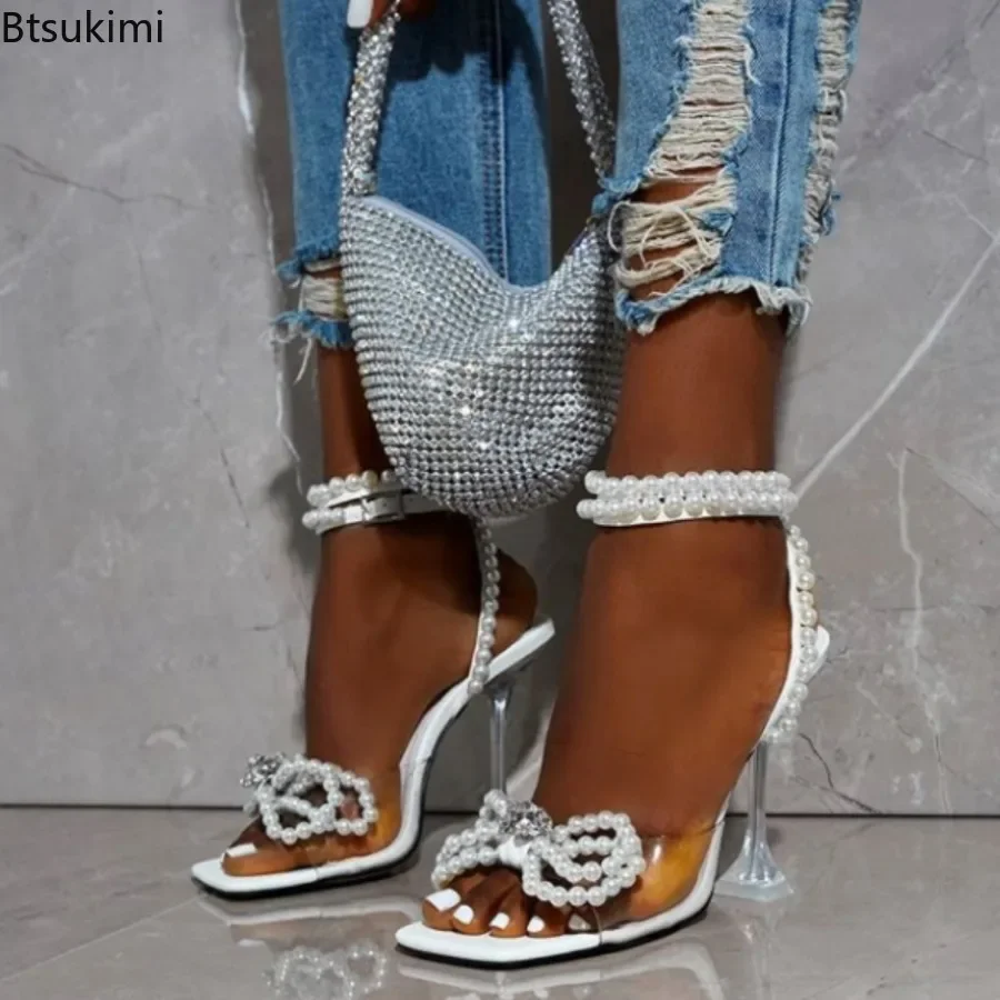 Sandalias de gladiador con hebilla para mujer, zapatos de tacón alto con cuentas de cadena, elegantes, con nudo de mariposa, para fiesta, verano, nuevo diseño