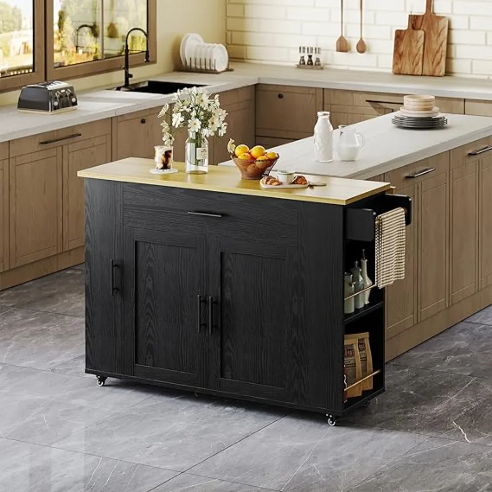 

Кухонный остров-тележка с хранением на колесиках, 47,2 дюйма, передвижная тумба с откидной столешницей, выдвижным ящиком и полкой для полотенец для столовой, цвет «черный дуб»