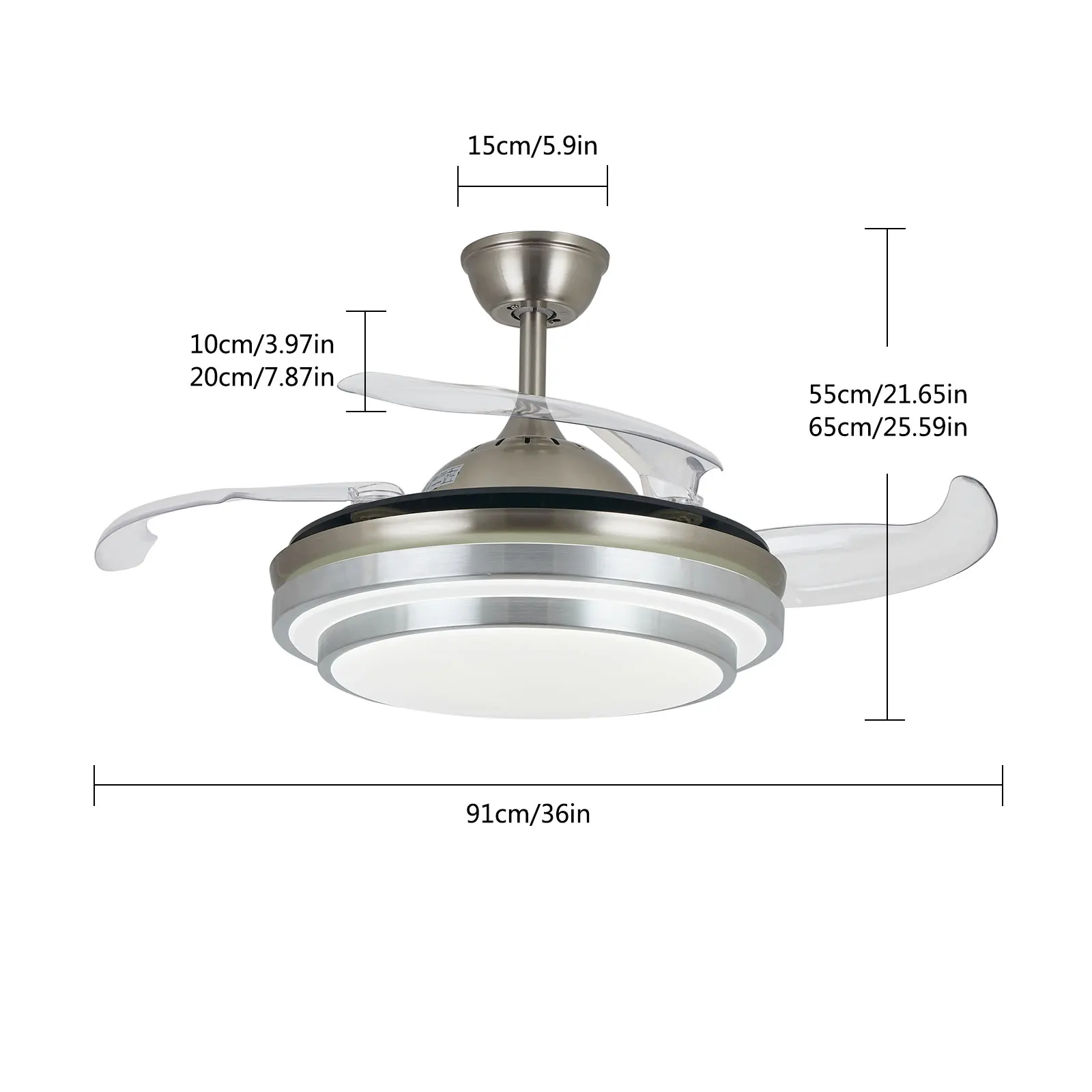 OUKANING Modern 36''Ceiling Fan Light LED Dimmable Retractable Blade Chandelier With Remote + 3 Color