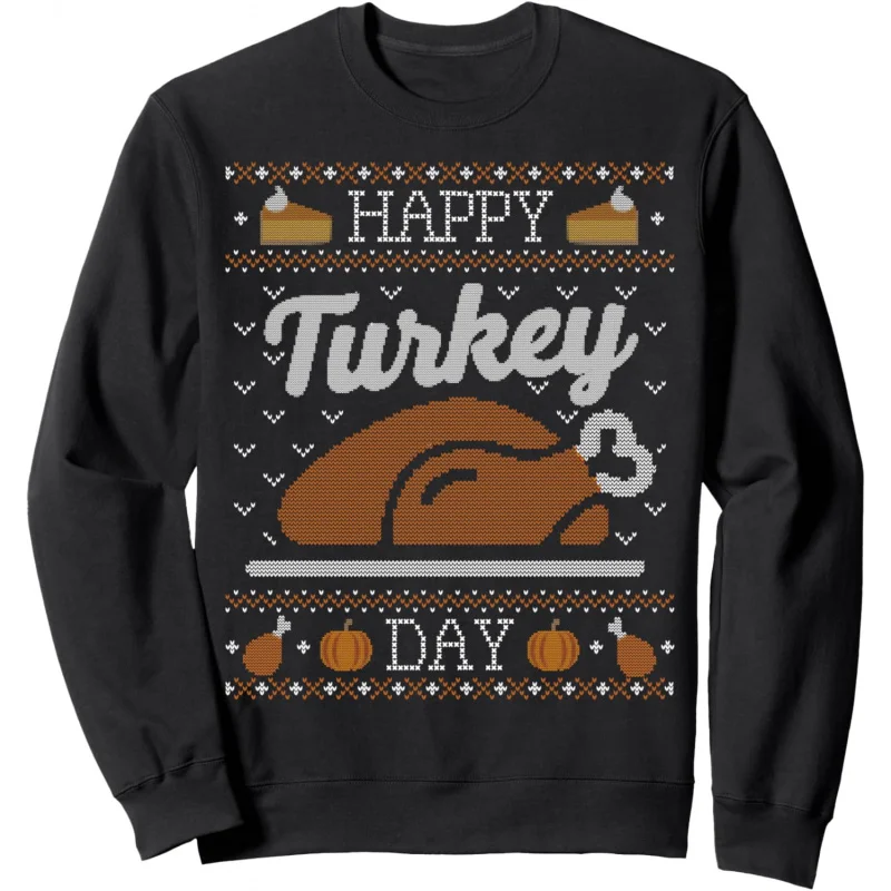 Thanksgiving long sleeved T-shirt with fun and happy turkey pattern sports shirt for men in black