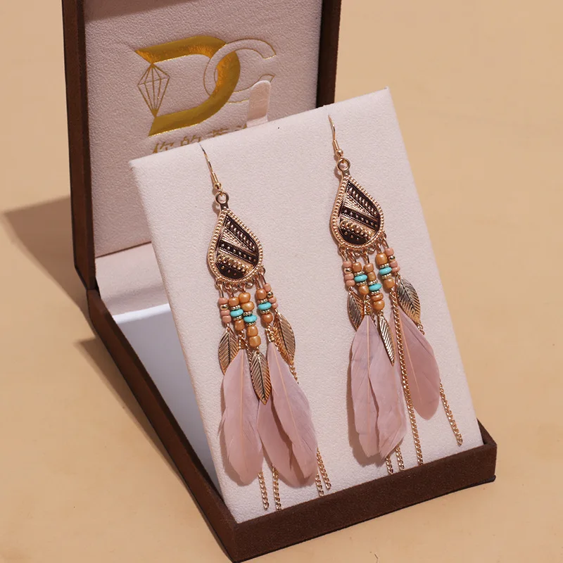 Bohemian Ethnische Lange Feder Ohrringe Boho Wasser Tropfen Gold Farbe Kette Quaste Ohrringe für Frauen Braut Hochzeit Schmuck – Detail 8