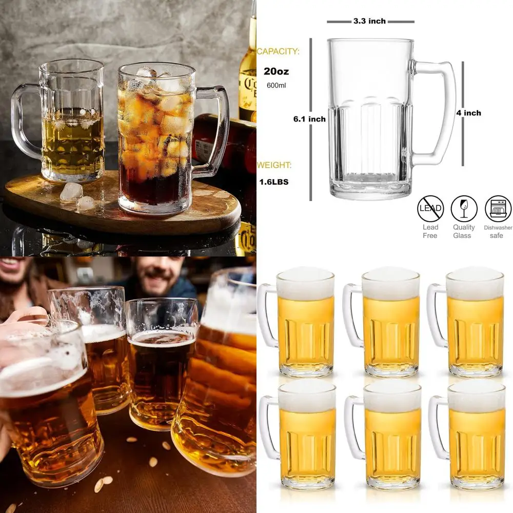 

Набор классических пивных кружек из стекла с ручкой, 20 унций, особо прочные