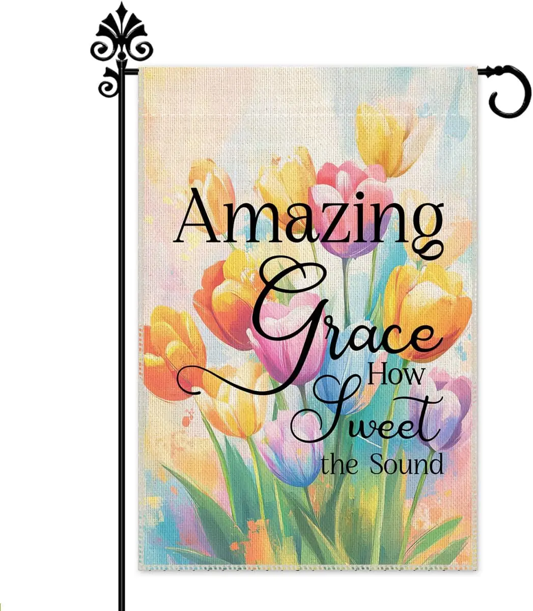 Hafhue Amazing Grace How Sweet The Sound Garden Flag, 12 x 18 Inch Double Sided Watercolor Tulip Yard Garden Lawn Patio Deco llp