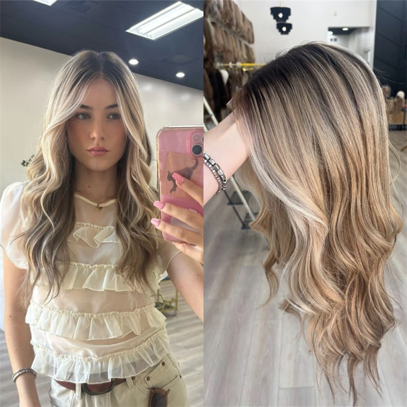 

Free Part HD Invisible Lace Front Wig Ombre Blonde Brown Balayage 13x4 Synthetic Wigs Natural Preplucked Hairline Good Quality