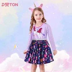 DXTON Children Floral Dress For Girls Winter Long Sleeve Kids Dresses Unicorn Cartoon Toddler Cotton Dress Casual Costume 3-12Y