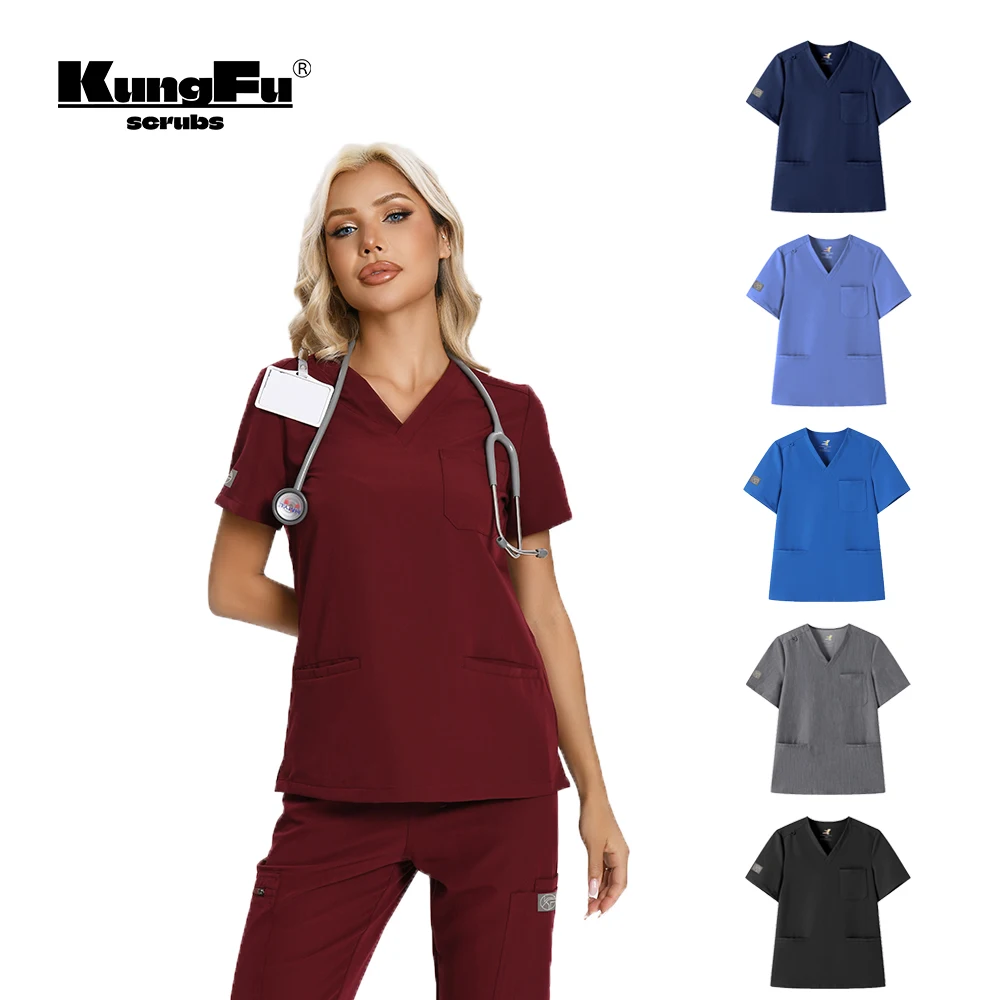 KUNGFU SCRUBS-Camiseta con cuello en V para mujer, uniforme clínico de enfermería, Top clásico de moda de alta calidad