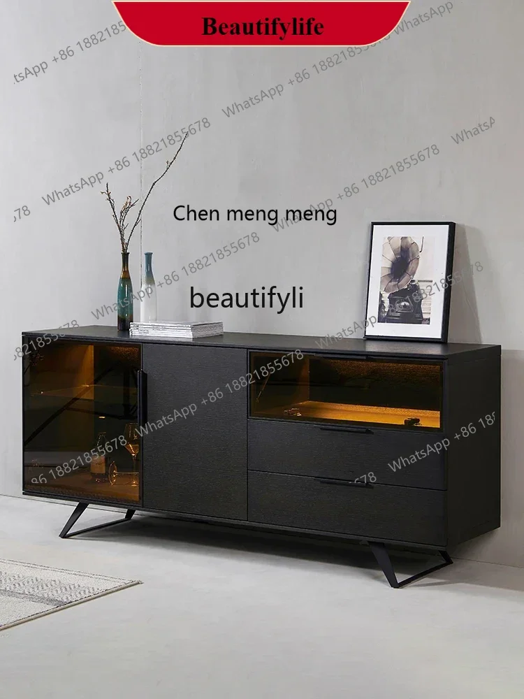 

G153 Italian Solid Wood Glass Sideboard Cabinet with LED Light Wine Cabinet Modern Minimalist Living Room Locker