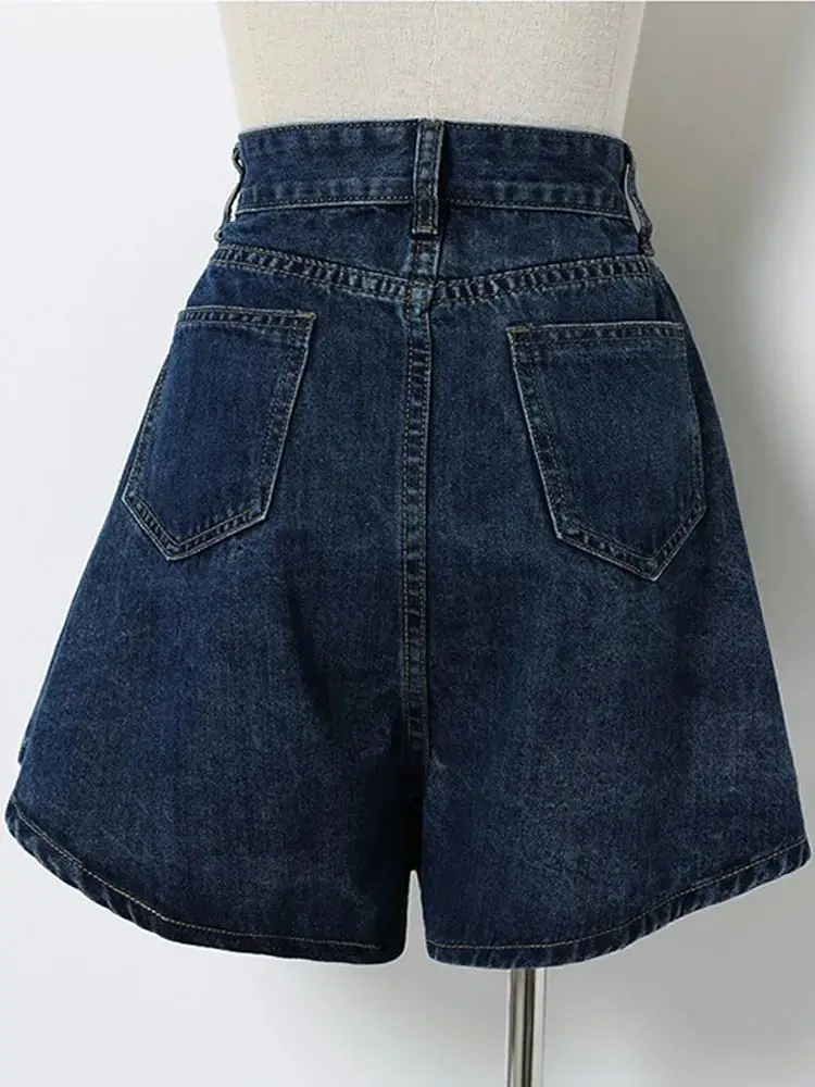 2025 nuevo verano mujeres Mini pantalones cortos de mezclilla elástico de cintura alta A-line plisado moda Sexy Kawaii Preppy chica pantalones cortos vaqueros A729