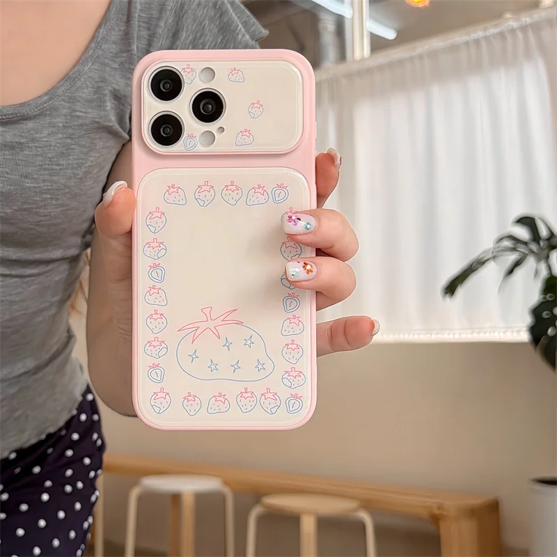 

Cute Hand Drawn Strawberry Print Pink Phone Case For iPhone 15 16 17 Pro Max INS Sweet Kawaii Style Shockproof Cover