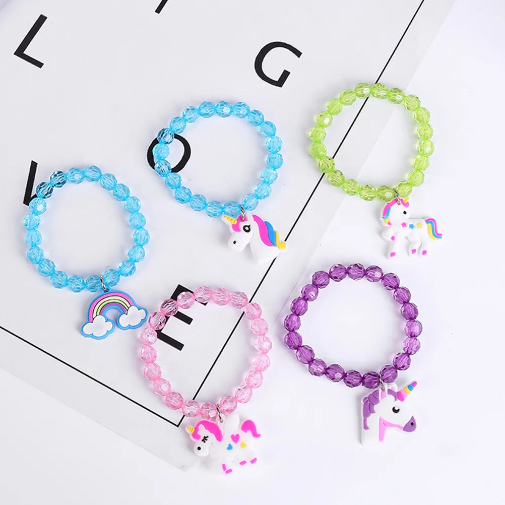

5Pcs Unicorn Rainbow Bracelets for Kids Bright Resin Beads Wrist Chain Decor Creative Cartoon Jewelry Gift Unicorn Bracelet