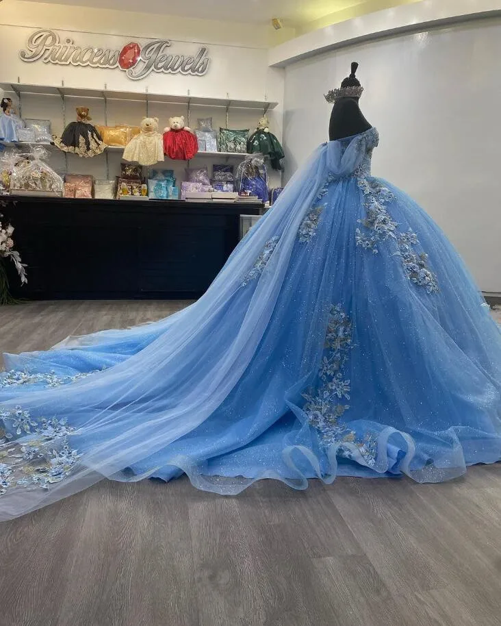 Vestidos de quinceañera con hombros descubiertos, corsé con apliques florales en 3D, azul cielo, 15, dulce 16